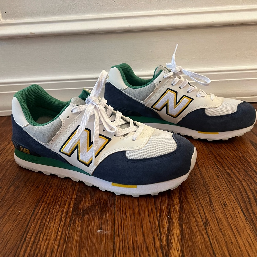 New Balance White Navy Green Sneakers with yellow and gray accent  ML574NLB